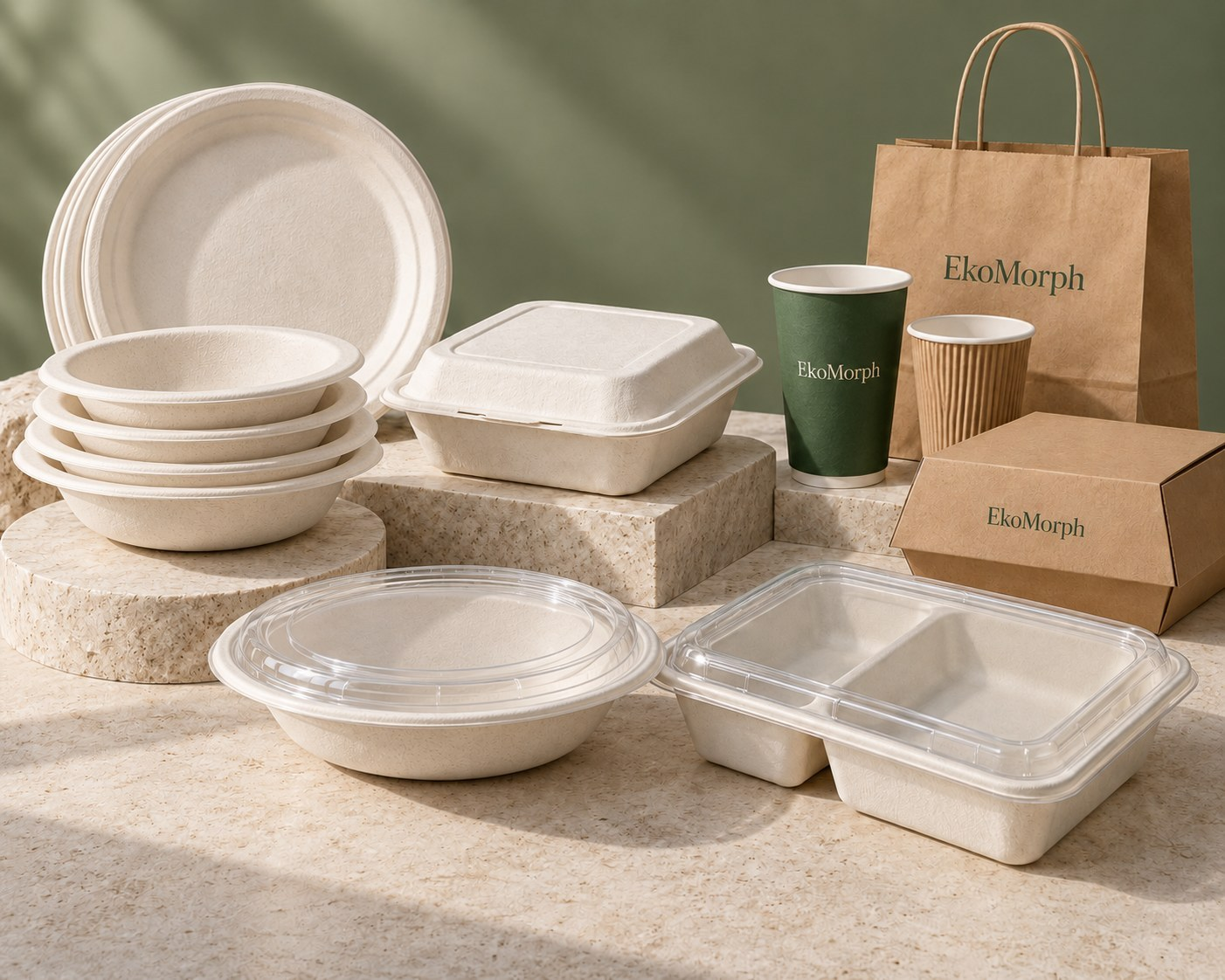 EKOMORPH collection concept with tableware, cups, containers and a paper bag